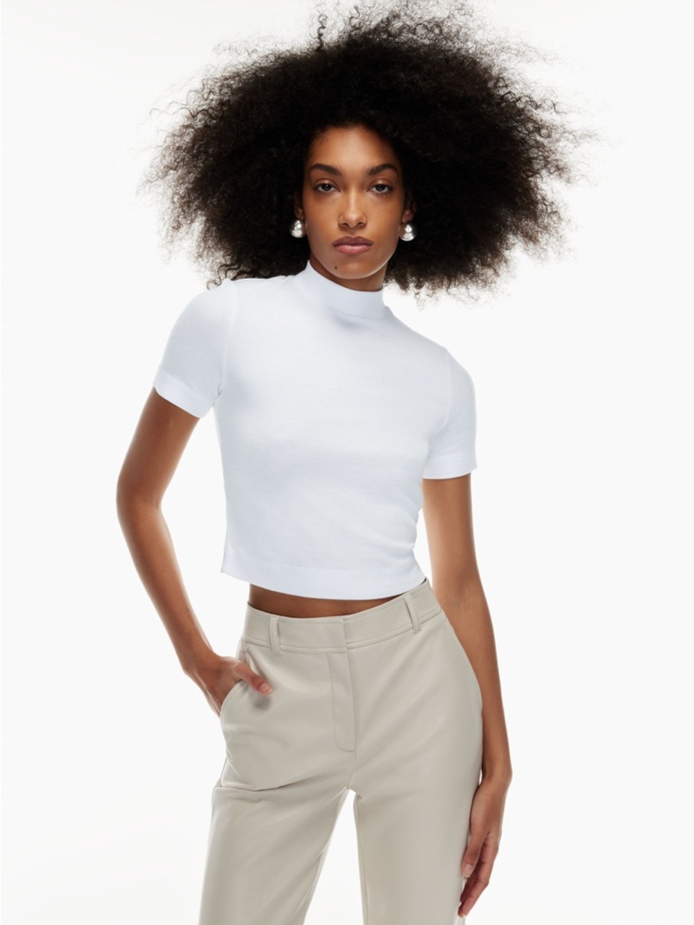 Babaton Gonzalo White Short-Sleeve Mock Neck Crop Top